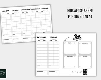 May include: A black and white printable homework planner with a section for each day of the week, including Saturday and Sunday. The planner also includes a "Don't Forget!" section with four boxes for to-do items, such as tests and assignments. The planner has the text "Relax & Chill" at the bottom.