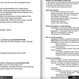 May include: A page of handwritten notes on genetics and microbiology. The notes cover topics such as the structure of DNA and RNA, the history of microbiology, and how to classify organisms. The notes are written in black ink on white paper.