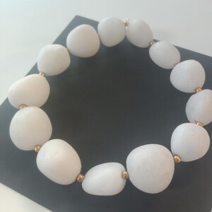 Authentic Gemstone 12/14mm Frosty Matte White Agate Beaded Bracelet With Stainless Steel Gold Plated Spacers