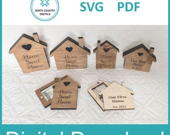 May include: Five wooden house-shaped boxes with engraved text. The boxes are in various sizes and feature the phrases "Home Sweet Home" and "Our First Home Est. 2023". The boxes are arranged on a light wood surface. The image includes the text "SVG PDF" and a logo for North Country Digitals.