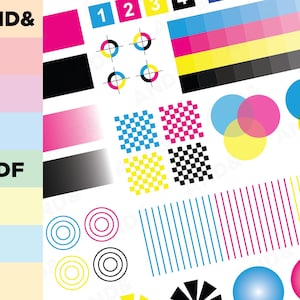 May include: A graphic design test print with color swatches, gradients, and overlapping circles in cyan, magenta, yellow, and black. The image includes the text "AND&" and "PDF".