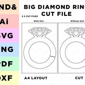 May include: A digital cut file for a large diamond ring. The file comes in two versions, one with a slot and one without. The file is available in AI, SVG, PNG, PDF, and DXF formats. The file is designed for A4 paper.