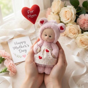 May include: A handmade pink doll with a hood and heart accents, holding a red heart-shaped balloon that says "For Mom." A card that says "Happy Mother's Day" is also present. The doll is surrounded by flowers, suggesting a Mother's Day theme.