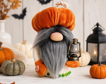 Halloween Pumpkin Gnome Sewing Pattern DIY Fall Decor Tutorial Scandinavian Dwarf Plushie Holiday Gift