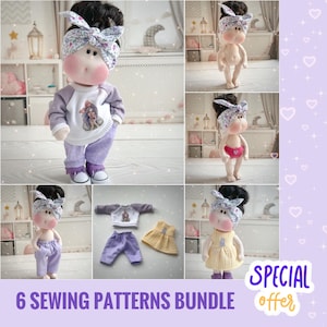 Op de afbeelding: Een bundel van zes naaipatronen voor het maken van poppen. De patronen omvatten verschillende stijlen, waaronder een pop met een paars-witte outfit, een pop met een geel-witte outfit en een pop met een roze-witte outfit. De patronen zijn beschikbaar als digitale download.  "SPECIALE AANBIEDING" staat in gele tekst op een paarse achtergrond.