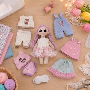 Könnte beinhalten: Eine Stoffpuppe mit violettem Zopfhaar, bekleidet mit einem weißen Oberteil und einem rosa Blumenrock, umgeben von verschiedenen Puppenkleidungsstücken wie einer blauen Latzhose, einem rosa Oberteil, einem weißen Fuchs-Top, Hosen und einer Schlafmaske.