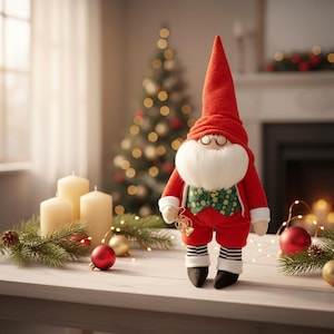 Könnte beinhalten: Eine Weihnachtswichtelpuppe mit roter Mütze, runder Brille und weißem Bart. Der Wichtel trägt ein rotes Outfit mit grüner Weste und schwarzen Schuhen. Auf einem weißen Tisch mit Weihnachtsdekoration.