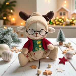 May include: A plush reindeer doll with a cream-colored face, wearing a tan hooded jacket, a red jacket, and round glasses. The doll has brown antlers and is sitting on a white wooden surface with Christmas decorations.