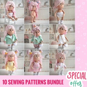 Offerta bundle corpo bambola di pezza con guardaroba completo, 10 x PDF modello di cucito download immediato per bambole da 23 cm/9", tutorial fai da te per giocattoli in tessuto
