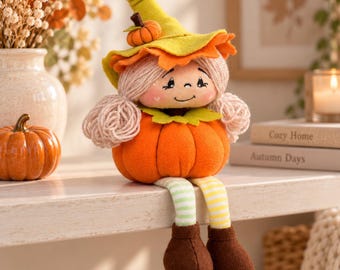 Pumpkin Doll Sewing Pattern PDF 11 Inch Fall Shelf Sitter Halloween Thanksgiving Tutorial
