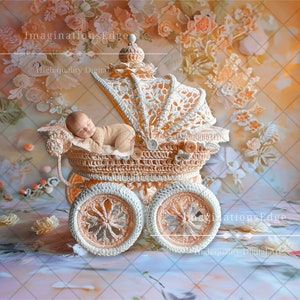 Gehaakte kinderwagen digitale achtergrond perzik & wit nostalgische vintage pasgeboren fotografie bloemen pastel scène door ImaginationsEdge