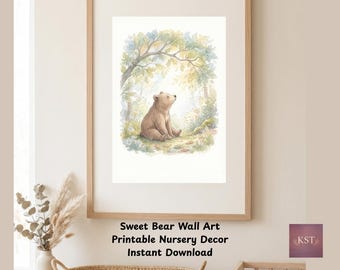 Aquarell Bär Kinderzimmer Wandkunst, Minimalistische Märchenbuch Tierdruck, digitaler Download, Geschlecht Neutral Baby Zimmer Dekor, Wald Andenken