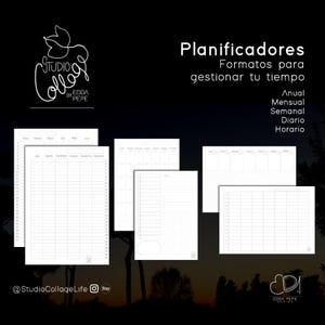 May include: A collection of white planner pages with various layouts, including annual, monthly, weekly, daily, and hourly formats. The text "Planificadores" and "Formatos para gestionar tu tiempo" are displayed in white on a black background. The Studio Collage logo is also visible.