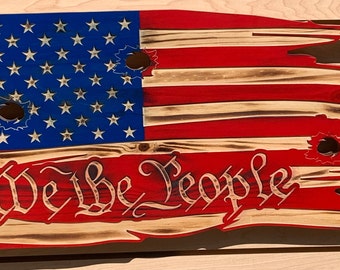 We The People Rustic Wooden Tattered United States Flag