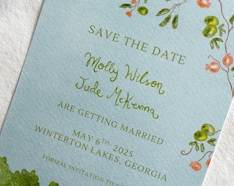 Hand Painted Custom 7 Item Wedding Stationery Suite: Watercolour, illustrated, invitation, menus