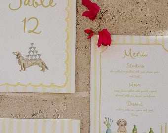 Hand Painted Custom 7 Item Wedding Stationery Suite: Watercolour, illustrated, invitation, menus, etc