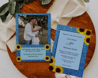 Wedding Invitation Country Denim Blue Jean Sunflowers