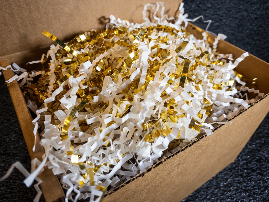 Crinkle Paper Bulk Size White and Gold Metallic Blend 1 Lb and 10 Lb