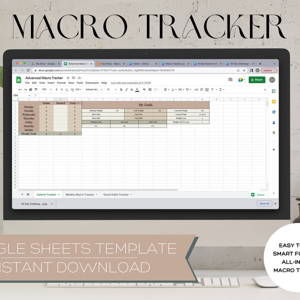 Modèle de suivi de macro avancé Google Sheets | Suivi des macros | Modèle de feuilles Google | Suivi de la condition physique | BP