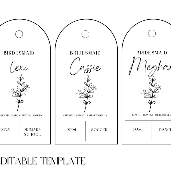 Hochzeit Anhänger Tags Design 6, Vorlage, personalisierbar, Brautjungfer, Braut, Trauzeugin, Blumenmädchen, Printable, Bogen Vorlage