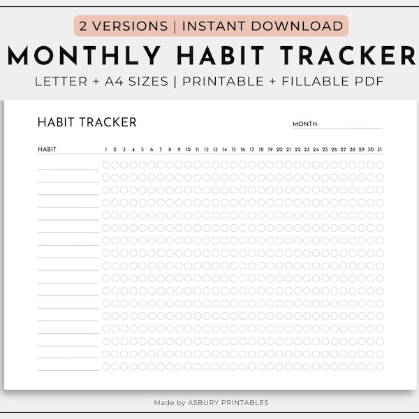 Monthly Habit Tracker Printable Landscape, Habit Tracker Template, Routine Tracker, 30 Day Habit Challenge, A4/Letter, Instant Download