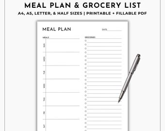 Weekly Meal Planner, Grocery List Printable Template, Daily Food Journal, 7 Day Menu Plan, Food Planner, Health & Fitness, A4/A5/Letter/Half
