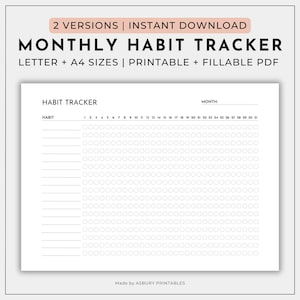 Monthly Habit Tracker Printable Landscape, Habit Tracker Template, Routine Tracker, 30 Day Habit Challenge, A4/Letter, Instant Download