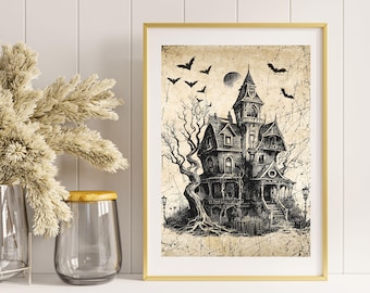 Nawiedzony dom – wydruk na Halloween, upiorny wystrój w stylu vintage (do pobrania w wersji cyfrowej)