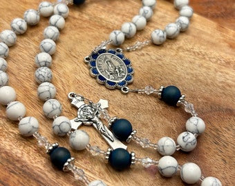 Our Lady of Fatima Rosary, Miraculous Medal Rosary, White and blue Rosary, Semi precious stone, beautiful Catholic Rosary, Navy blue Rosary