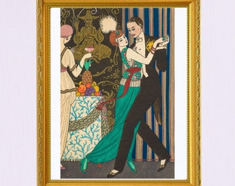 Vintage Couple Fashion Illustration, couple portrait, romantic printable wall art, Digital Art, Art Deco fashion, dancing digital art, PL65