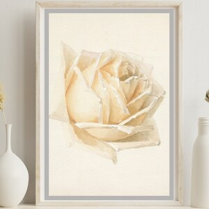 May include: A watercolor painting of a single, cream-colored rose. The rose is depicted in a realistic style, with delicate petals and a soft, muted color palette.
