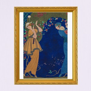 Könnte beinhalten: Zwei Frauen in Vintage-Kleidung stehen in einem Garten. Eine Frau trägt ein braunes Kleid mit einem weißen Hut und die andere ein blaues Kleid mit einem blauen Hut. Der Hintergrund ist dunkelblau mit einem floralen Muster.