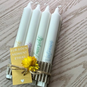 Kerzenset „Für jeden Moment etwas“ (4 Stabkerzen, Karte, Trockenblume) | Geschenkidee | individualisierbar