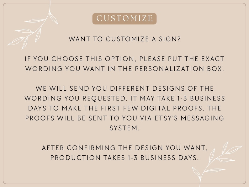 Puede incluir: Gr&aacute;fico beige con texto que dice "PERSONALIZAR" y "&iquest;QUIERES PERSONALIZAR UN CARTEL?". El texto explica el proceso de personalizaci&oacute;n, incluyendo la personalizaci&oacute;n, las pruebas de dise&ntilde;o y el tiempo de producci&oacute;n.