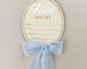 Letrero personalizado con datos de nacimiento para bebé niño / Letrero con el nombre del recién nacido, decoración para la habitación del bebé, accesorio para fotos, anuncio de hospital, recuerdo con lazo de cinta.