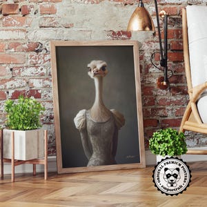 Poster of an Ostrich in dress, Vintage portrait to download & print, Gray bird wall art, animal decoration for interior, office, zoo