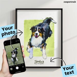 Pet portrait personalized with name, date | Custom Gift Premium Poster | Digital watercolor illustration from photo of your pet, dog, cat
