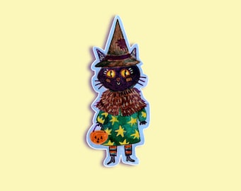 Pegatina de gato brujo: pegatina de gato negro de Halloween, familiar mágico, estética de brujería, pegatina espeluznante y adorable para diario o portátil.