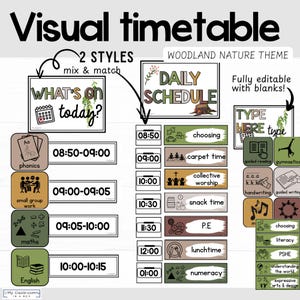 Peut inclure: Un tableau d'affichage visuel pour une salle de classe sur le thème de la nature en forêt. Le tableau est divisé en deux sections : « What's on today ? » et « Daily Schedule ». La section « What's on today ? » contient un calendrier et un espace pour écrire la date. La section « Daily Schedule » contient une liste d'activités avec les heures correspondantes. Les activités comprennent : choisir, temps de tapis, culte collectif, collation, éducation physique, déjeuner, numération, lecture guidée, gymnastique, écriture manuscrite, écriture guidée, choix de la littératie, PSE, compréhension du monde et arts expressifs et design.