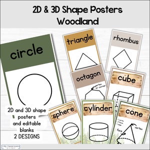 May include: Woodland themed 2D and 3D shape posters for classroom use. The posters feature a circle, triangle, rhombus, octagon, sphere, cylinder, cube, and cone. Each poster has a woodland background and includes the name of the shape.