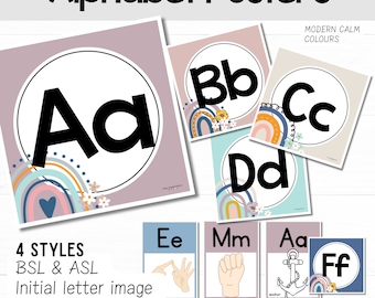 Moderne ruhige Farben Alphabet Poster für Kindergarten und Grundschulklassenzimmer l Alphabet Handschrift Poster - Bearbeitbar
