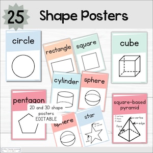 Learning Shapes Posters 2D Shapes 3D Shapes Posters for Maths Working Wall Printable Shapes Classroom Decor Bundle Boho Display Pack
