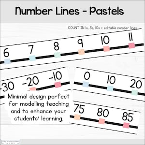 May include: A set of printable number lines with pastel colored markers. The number lines are labeled with numbers from 6 to 11, -30 to 20, 0 to 20, and 75 to 85. The text "COUNT IN 1s, 5s, 10s + editable number lines" is at the top of the image. The text "Minimal design perfect for modelling teaching and to enhance your students' learning." is in the middle of the image.