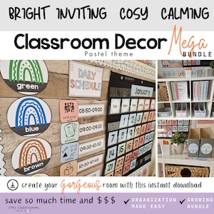 May include: A classroom decor mega bundle in pastel colors with a rainbow, green, blue, and brown theme. The bundle includes a daily schedule, a calendar, and storage bins. The text "Create your gorgeous room with this instant download" is at the bottom of the image.