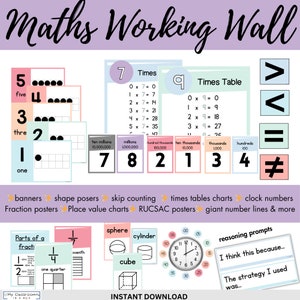 Pared de trabajo de matemáticas Pósteres de matemáticas Paquete de exhibición de matemáticas Paquete de exhibición de aula para aulas de primaria Área de matemáticas KS2 Exhibición de matemáticas KS1