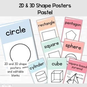 Pastel 2D- en 3D-vormposters Bewerkbare klasposters Bundel 2D-vormwiskundeposters voor de basisschool