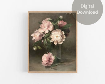 Vintage Ölgemälde rosa Rose Zeichnung, Ölgemälde rosa Rose Wandkunst, Bauernhaus Home Decor, digitaler Download, druckbares Geschenk #70