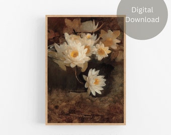 Vintage Oil Painting Water Lilies Drawing, Oil Painting Water Lilies Wall Art, Farmhouse Home Decor, Digital Download, Printable Gift #68