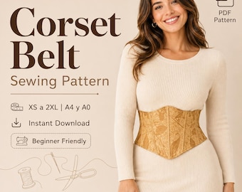 May include: A digital PDF sewing pattern for a corset belt, featuring text that reads Corset Belt Sewing Pattern, XS a 2XL, A4 y A0, Instant Download, Beginner Friendly, and Not a finished product - Digital PDF Pattern Only, with a gold corset belt.