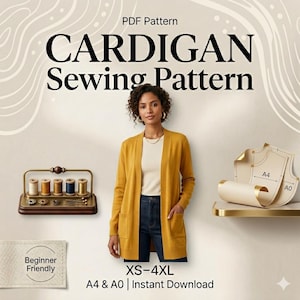 Op de afbeelding: Mosterdgele cardigan met zakken. De afbeelding bevat een naaipatroon, klosjes garen en de tekst "CARDIGAN Sewing Pattern", "Beginner Friendly" en "XS-4XL".
